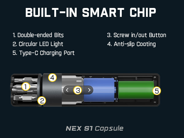 Fanttik NEX S1 Capsule 3.7V Cordless Screwdriver, Electric Screwdriver, Max 5 N.m, 320 RPM Motor, 5 Pcs Double-Ended Bits, Compact Design, LED Light, 1/4''Hex, Idea Tool for Furniture, Appliances