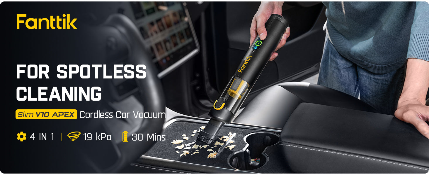 Fanttik Slim V10 Apex Cordless Car Vacuum, 4-in-1 Portable Mini Handheld Vacuum, 19000pa Suction Power, Upgraded Smart Digital Display, 2 Suction Modes for Car, Office Desk, Keyboards