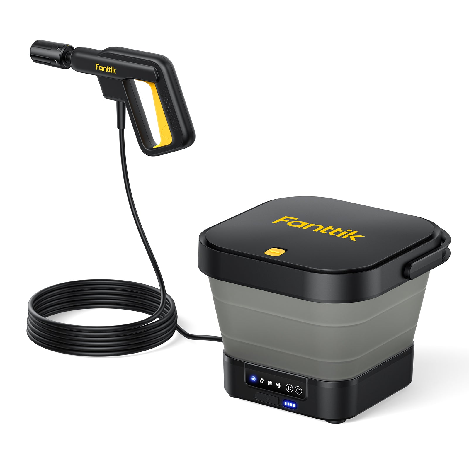 Fanttik NB8 Fold Cordless Pressure Washer showing a collapsible tank with black and yellow handheld spray gun connected by a hose, designed for portable and efficient cleaning.