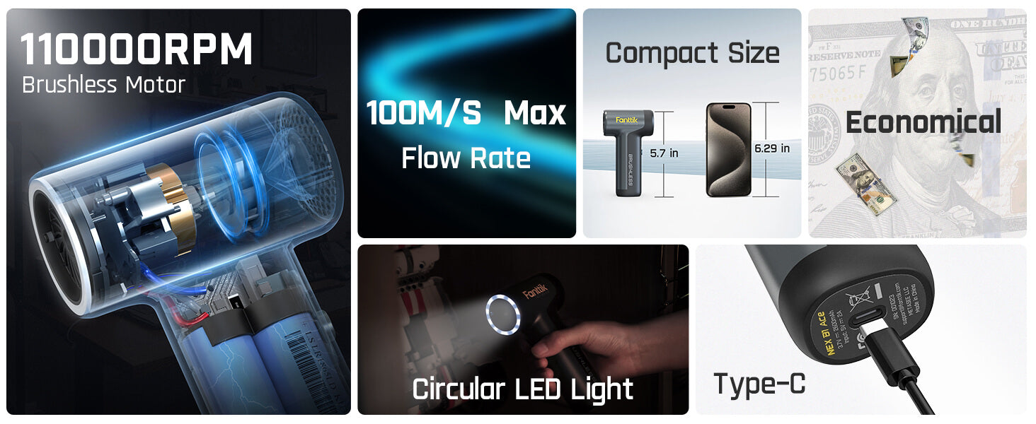 Fanttik B8 Ace Electric Air Duster, Cordless Air Duster, 110000 RPM Brushless Motor, Max.100M/S Flow Rate, 2600mAh Rechargeable Battery, LED Light, Dust Blower for Keyboard, PC Fans & Housing, Cabinet