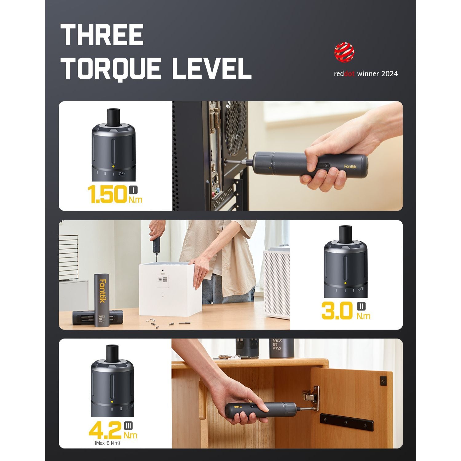 Fanttik S1 Pro 3.7V Electric Screwdriver, Power Screwdriver, 16 S2 Steel Bits, 3 Torque Settings, Max 6 N.m, 2000mAh Battery, LED Light, 1/4''Hex, Ideal Tool for Furniture, Gaming PC