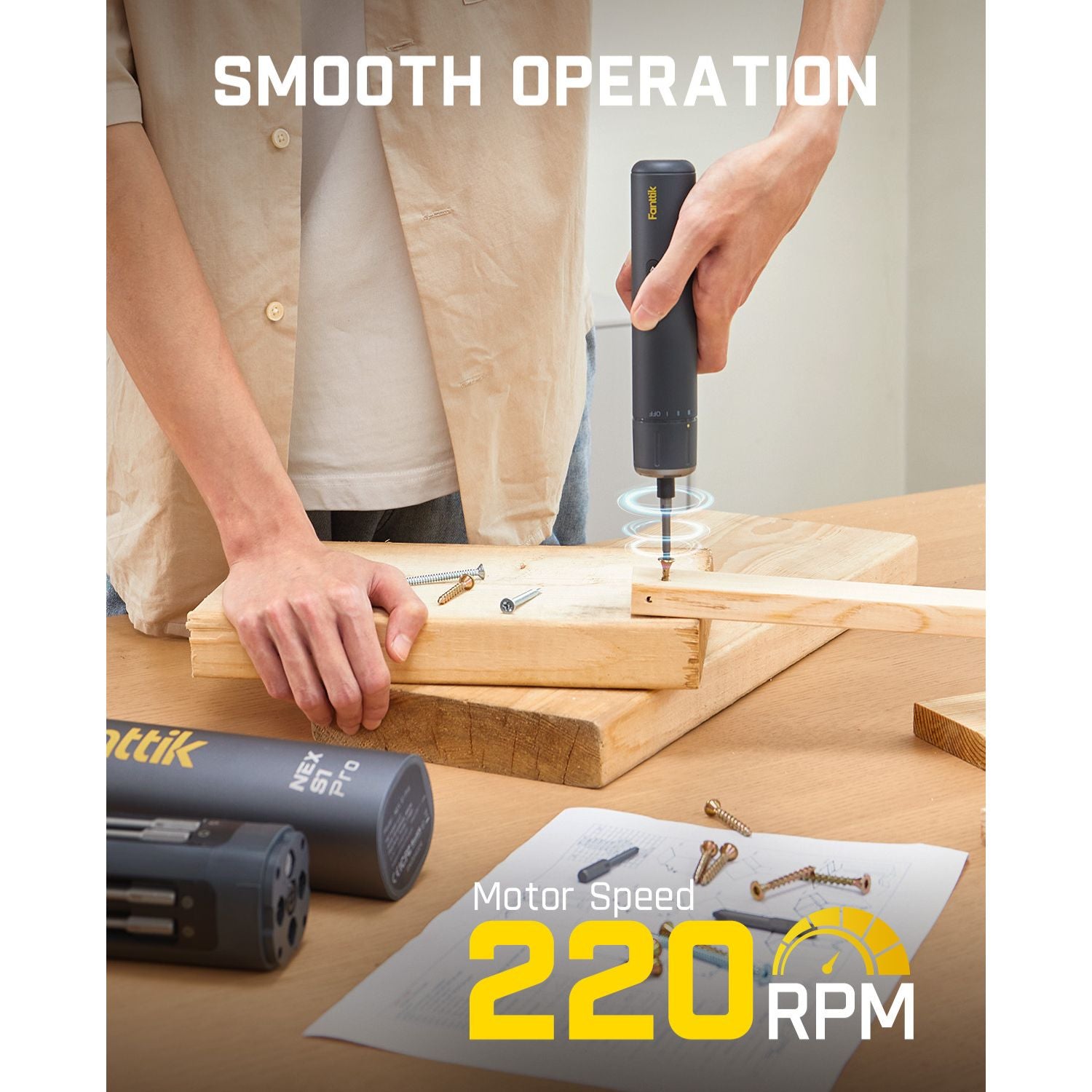 Fanttik S1 Pro 3.7V Electric Screwdriver, Power Screwdriver, 16 S2 Steel Bits, 3 Torque Settings, Max 6 N.m, 2000mAh Battery, LED Light, 1/4''Hex, Ideal Tool for Furniture, Gaming PC