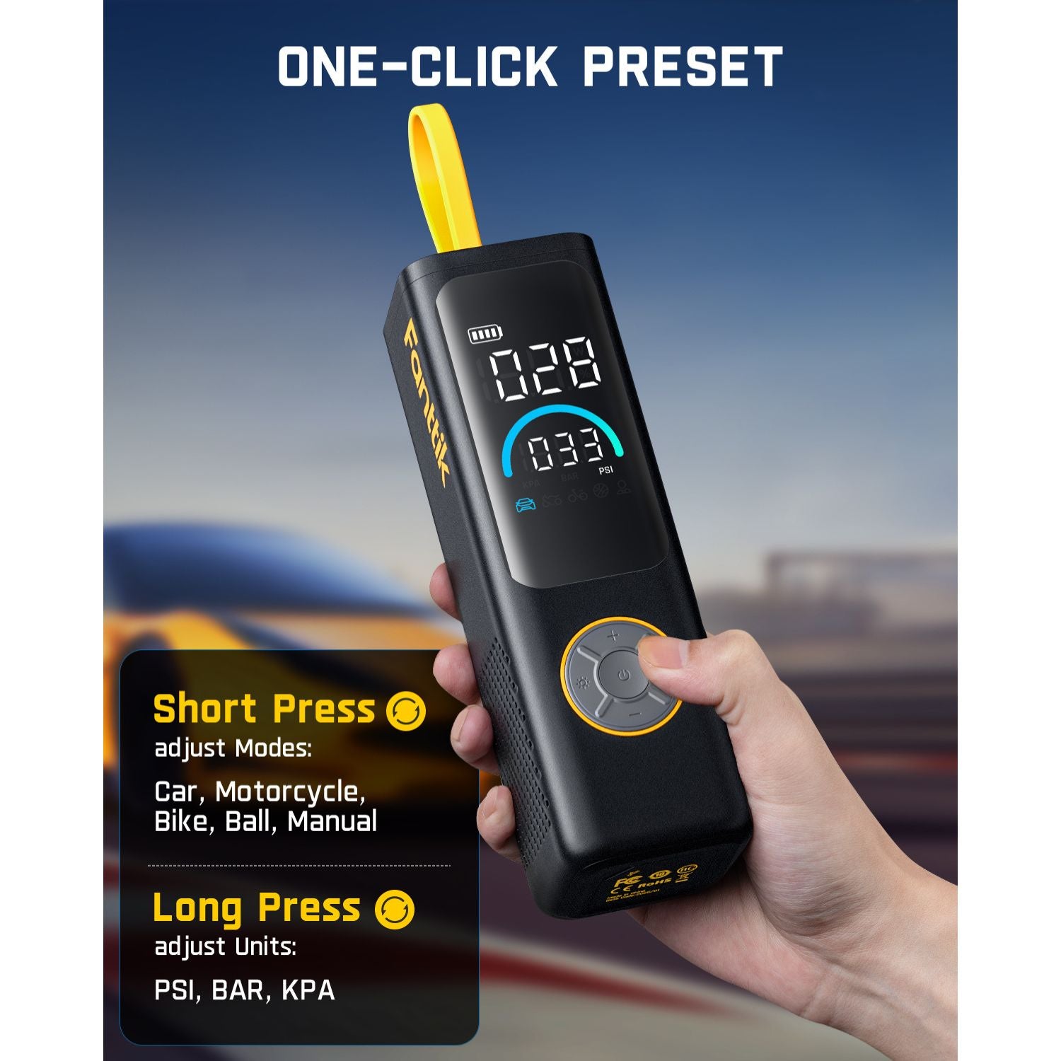 Fanttik X9 APEX Tire Inflator with display showing pressure and modes