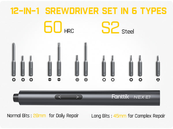 Fanttik NEX E1 Mini Electric Screwdriver, Precision Screwdriver Set with 12 Magnetic Bits