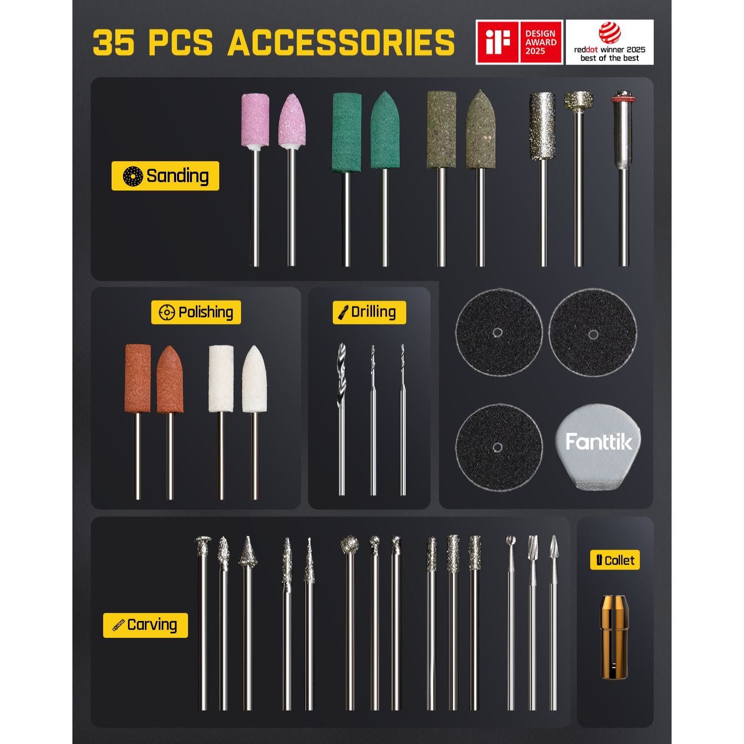 Fanttik F2 Master Mini Cordless Rotary Tool Kit 4V, Brushless Motor, 5 Variable Speed, 25000 RPM, Revostor Hub, 35 Accessories, Power Tool for Sanding, Polishing, Drilling, Carving, DIY Crafts