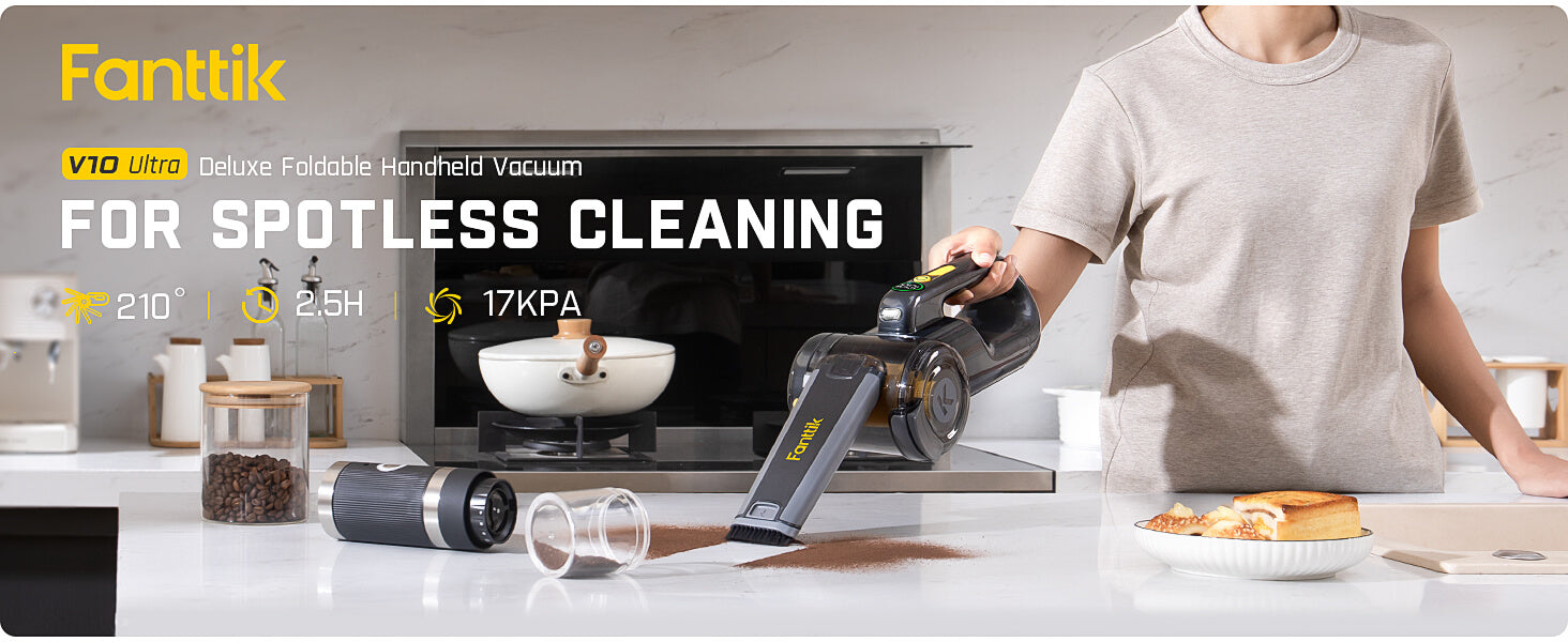 Fanttik Fold V10 Ultra Deluxe Handheld Vacuum Cordless, 17KPa Powerful Suction, Charging Base, Pivot Nozzle, Up to 35 Mins Runtime, Smart LED Display, DynamicClean™ Dustbuster Vacuum for Home, Car