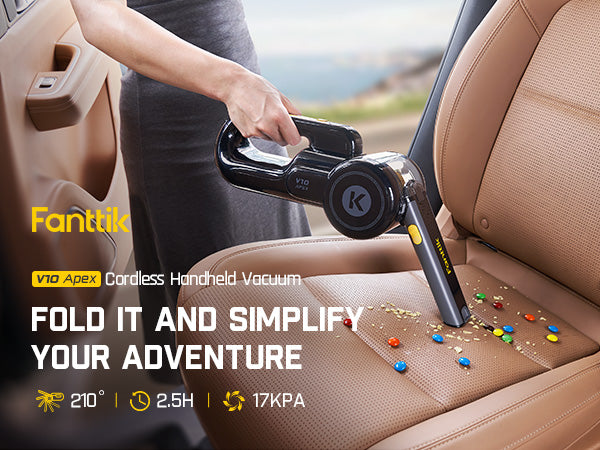 Fanttik DynamicClean™ V10 Apex Pivoting Car Vacuum Cordless, 17000Pa/50AW, 2.5H Fast Charge, 16.9 oz Large Dustcup, 130W Brushless Motor& LED Light, Portable Vacuum for Car Home Cleaning