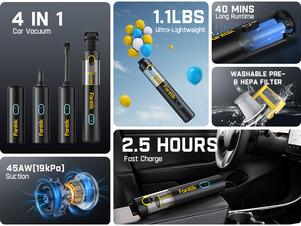 Fanttik Slim V8 Apex Car Vacuum, 19000PA High Power, 4 in 1 Portable Mini Vacuum, 2.5H Type-C Fast Charge, 40 Mins Runtime, RobustClean™ Handheld Vacuum for Car, Home, Keyboard Cleaning