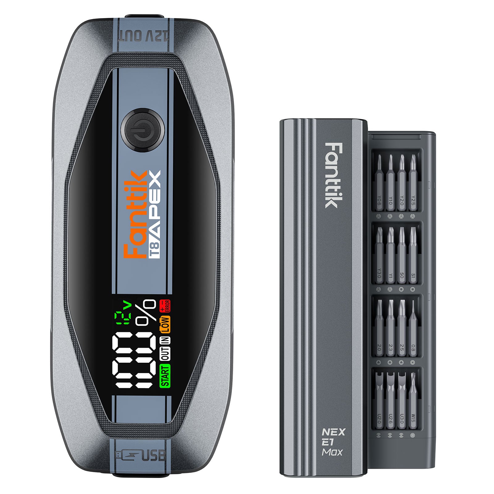 Fanttik T8 APEX 2000 Amp Jump Starter with LED Display and Fanttik NEX E1 MAX Precision Electric Screwdriver with precision bits case